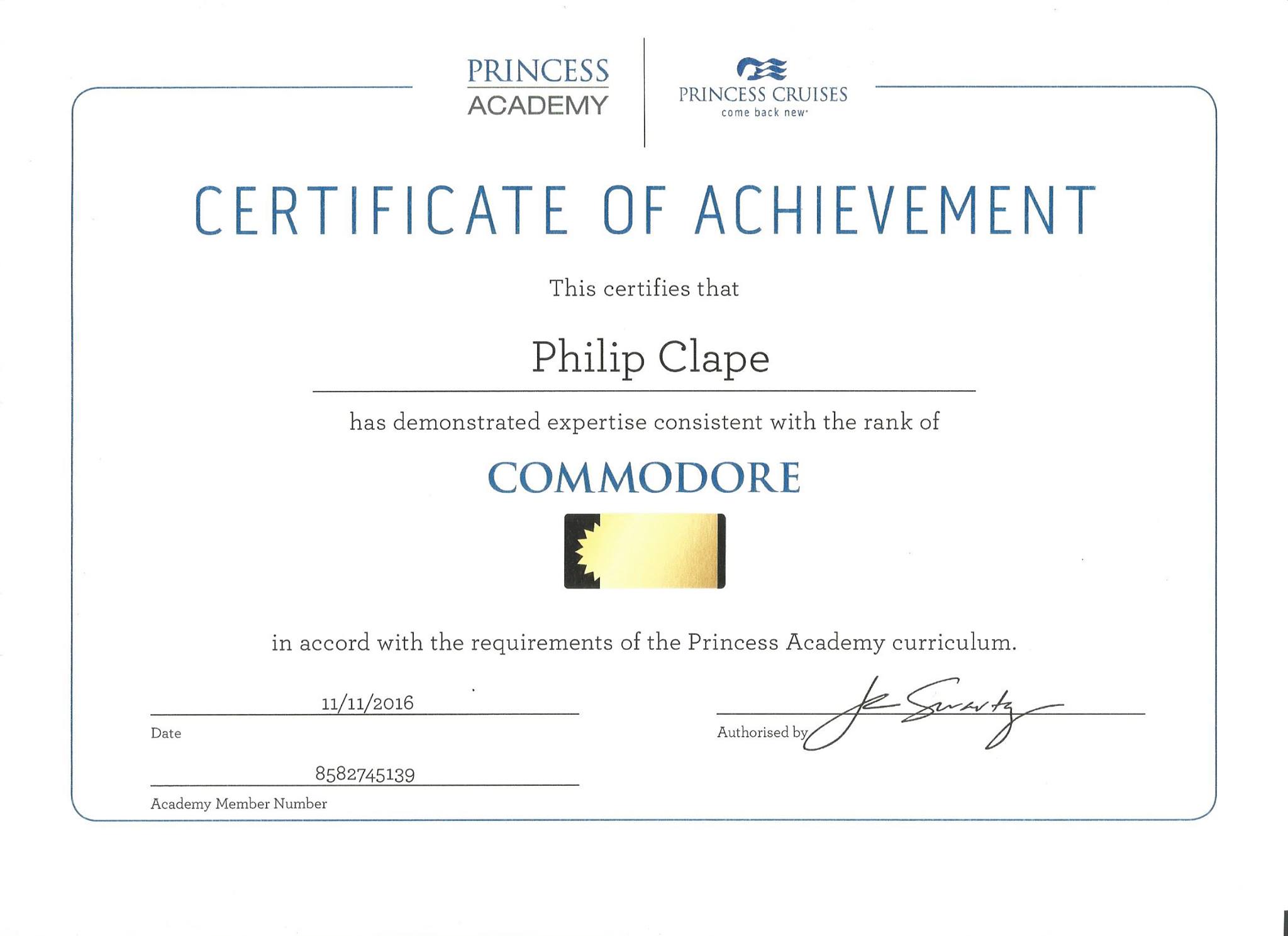 Holidays Beckon Princess Academy Commodore Certificate