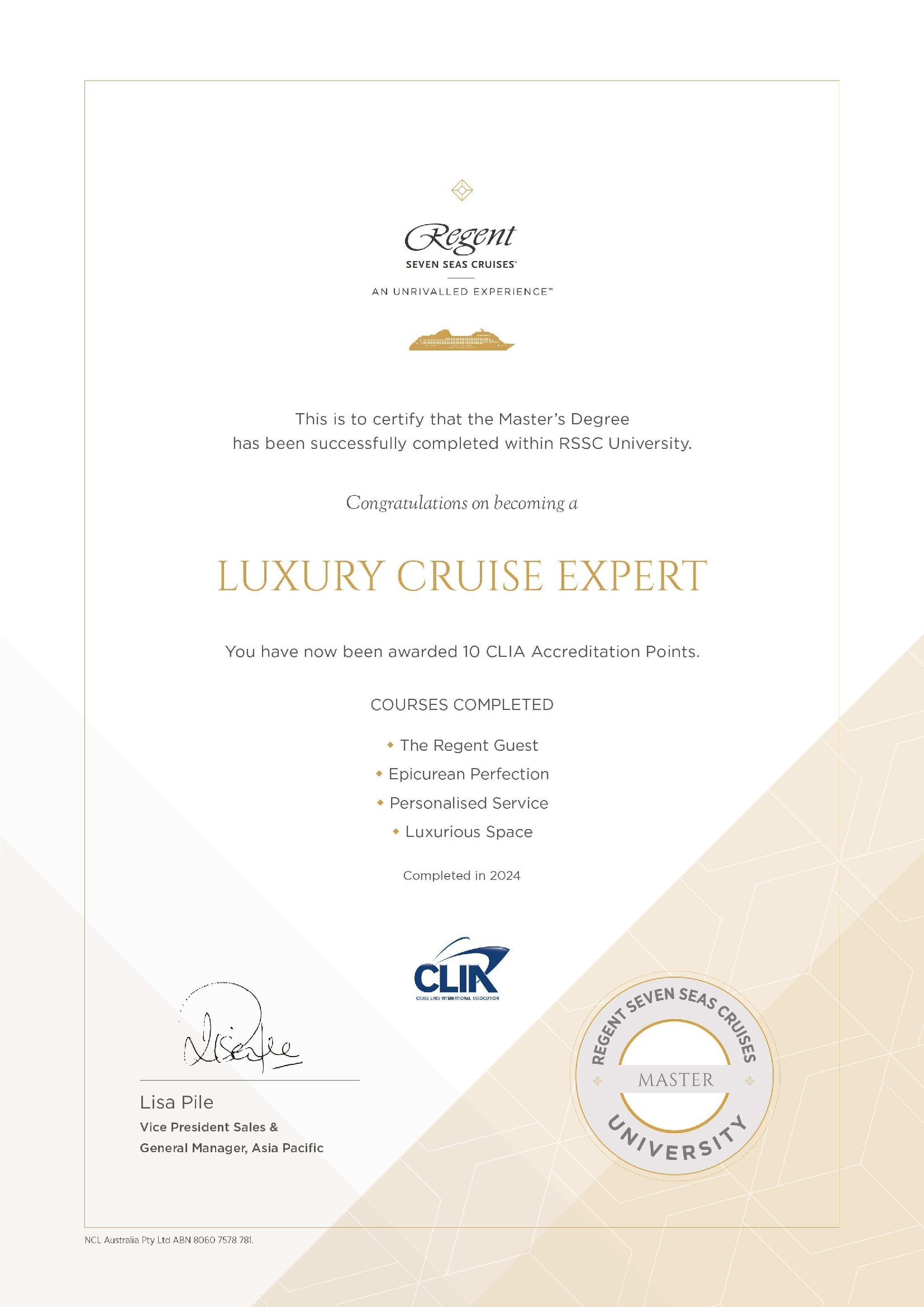 Regent Seven Seas Cruises Masters Certificate
