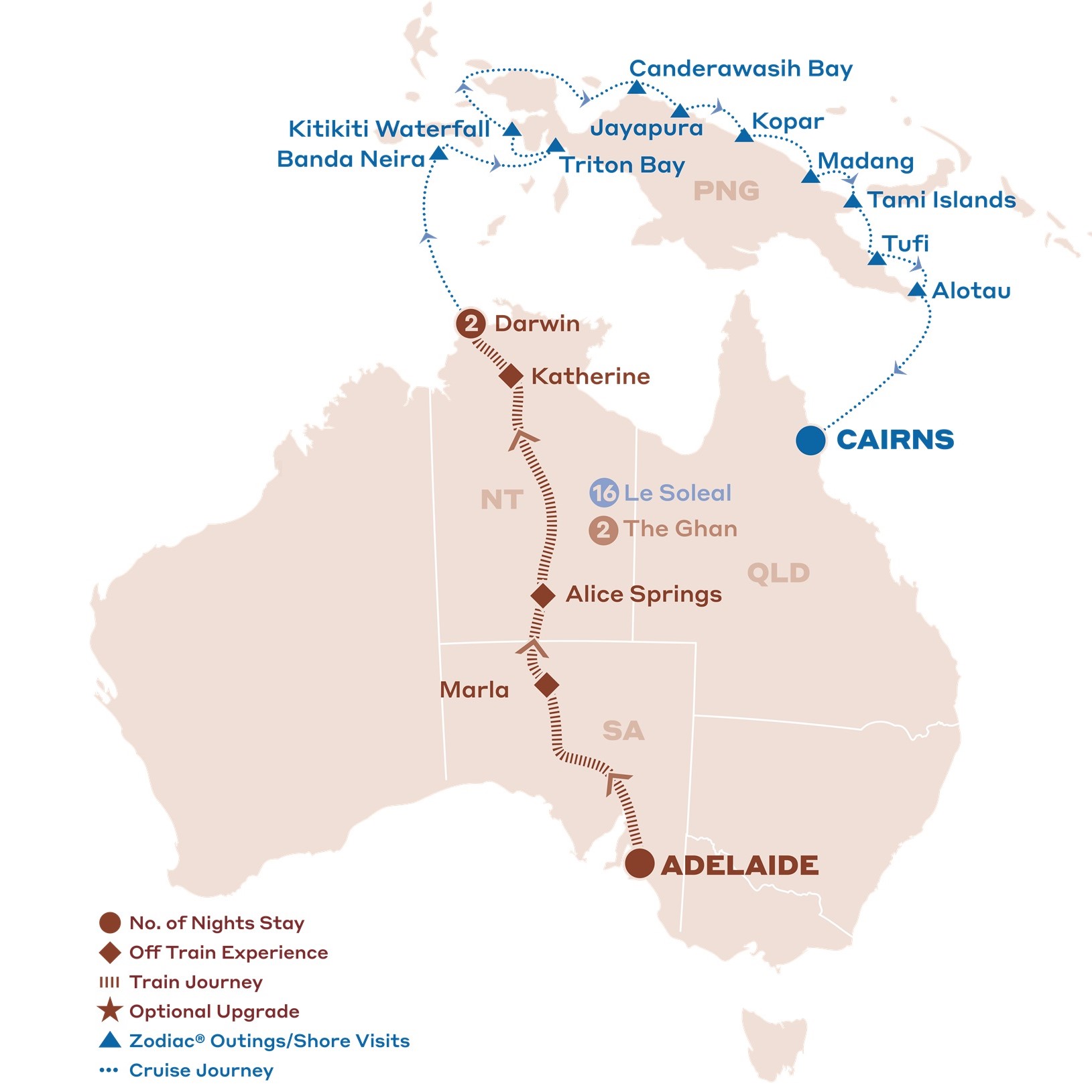 21 day Ghan Adelaide to Darwin with Ponant PNG Cruise