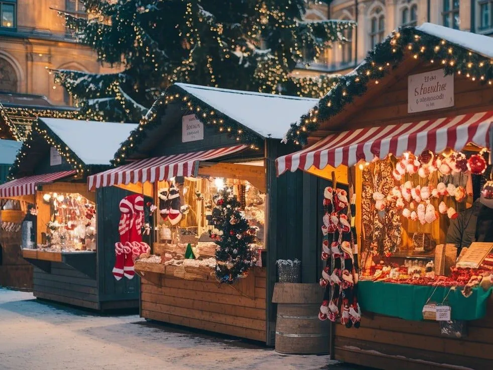 A Photo Of A Christmas Market With Cozy Stalls Lit Up