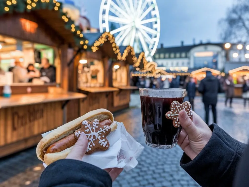 A Photo Of A Christmas Market With Wooden Stalls