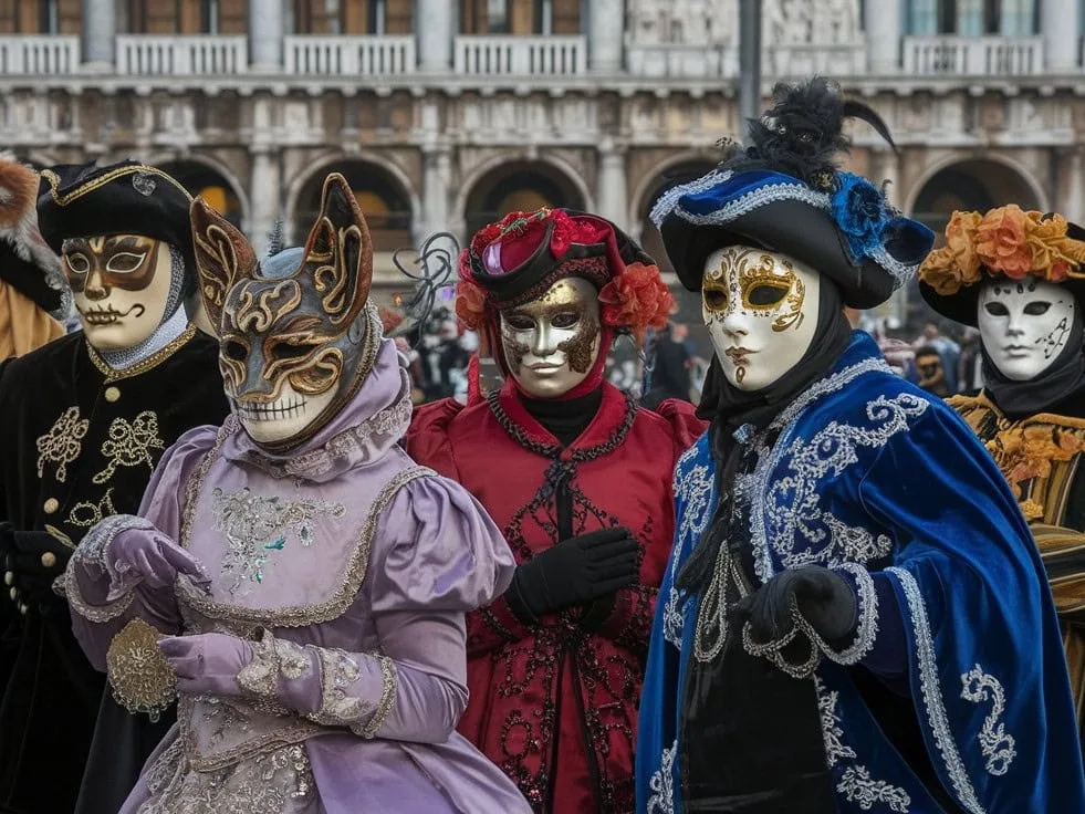 A group of people wearing Venetian masks