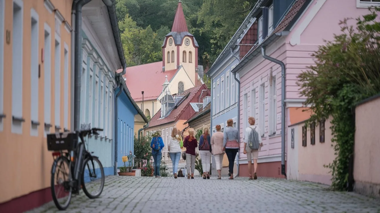 A group of river cruise travellers in town