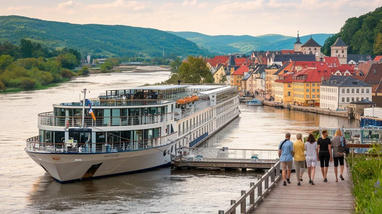A river cruise ship docked near town centre