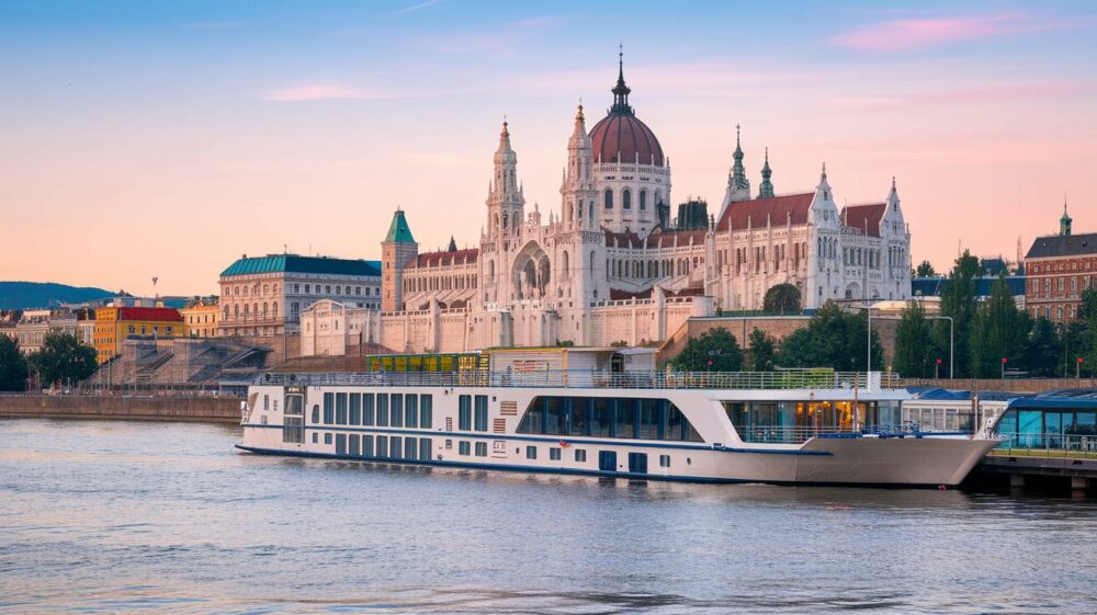River cruise ship docked in Europe