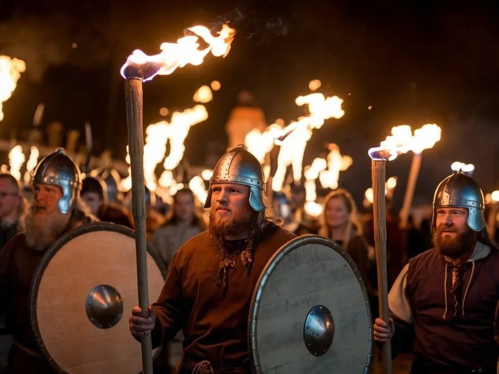 A torchlit Viking parade