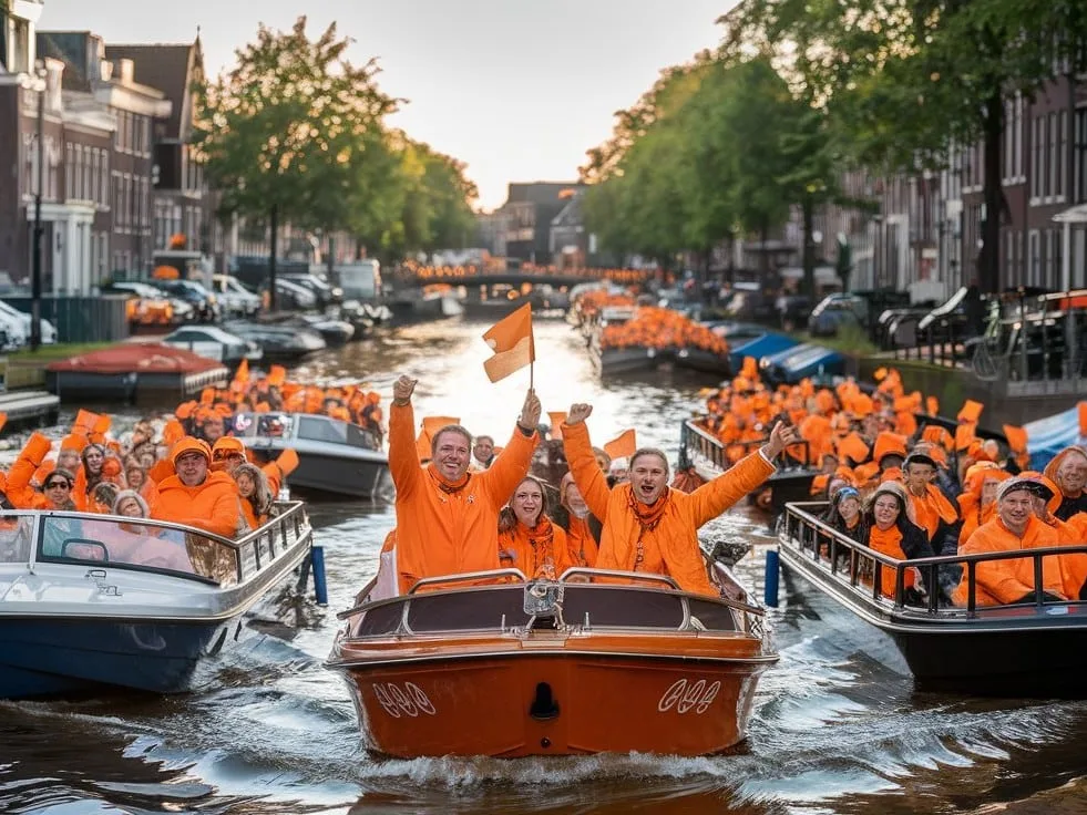 Canal boats in Amsterdam filled with orange