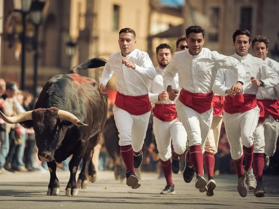 Runners and bulls charging through Pamplona Streets