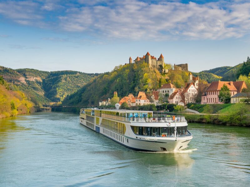 A wide angle shot of a Europe river cruise ship
