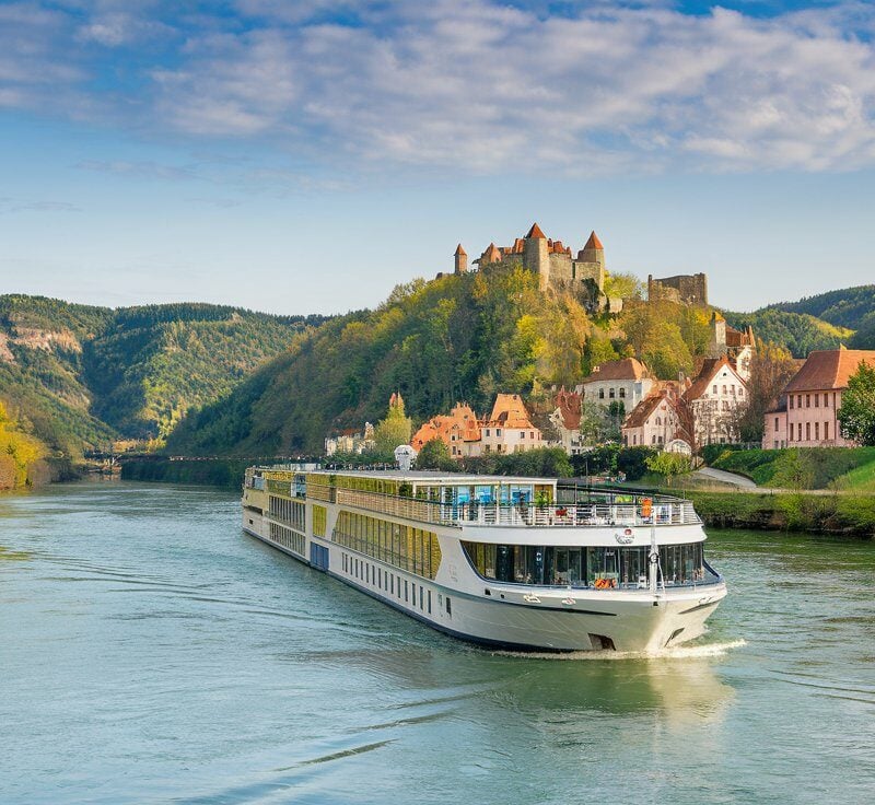 A wide angle shot of a Europe river cruise ship