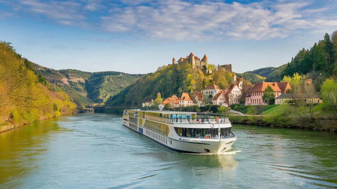 A wide angle shot of a Europe river cruise ship