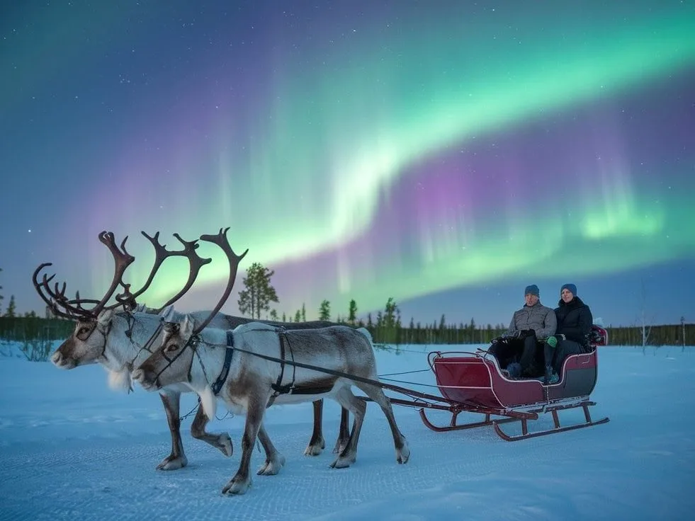 Reindeer Sleigh Ride Under the Northern Lights
