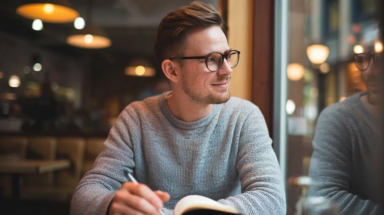Photo of a man sitting at a table in a cafe