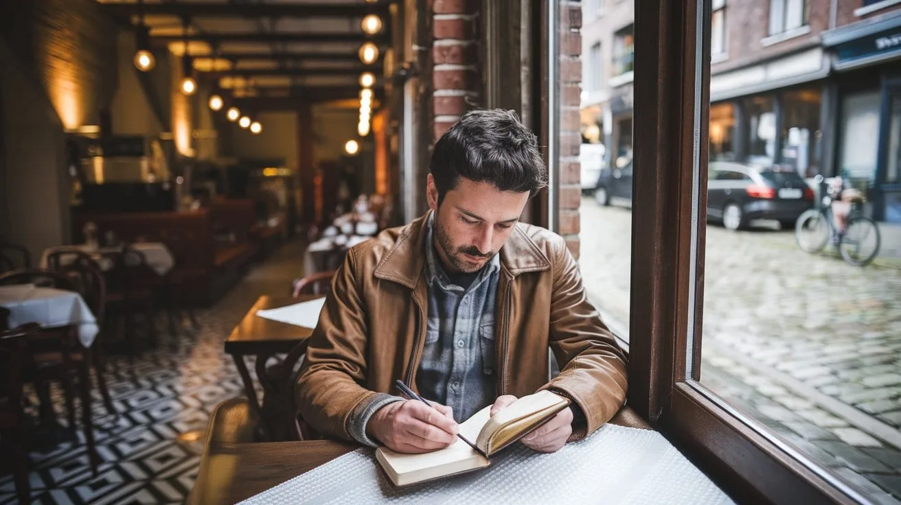 Candid shot of a man writing travel journey