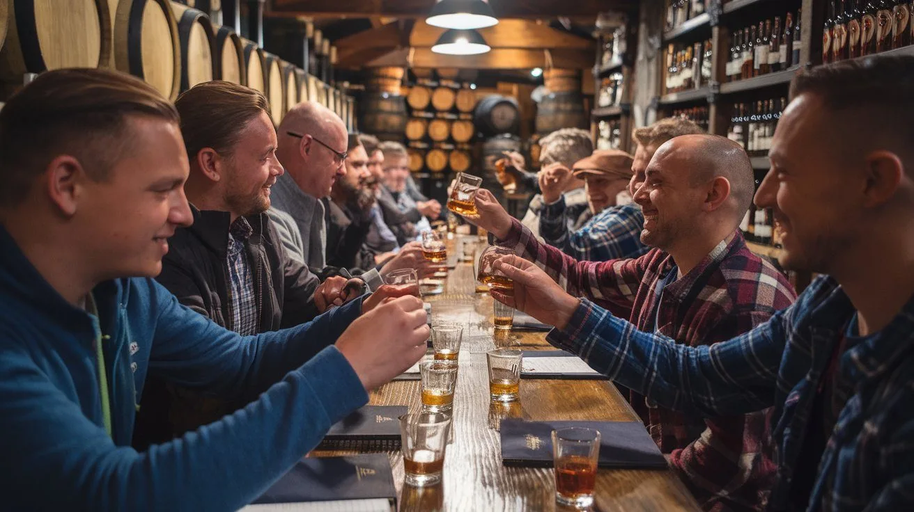 Group of male travellers whiskey tasting