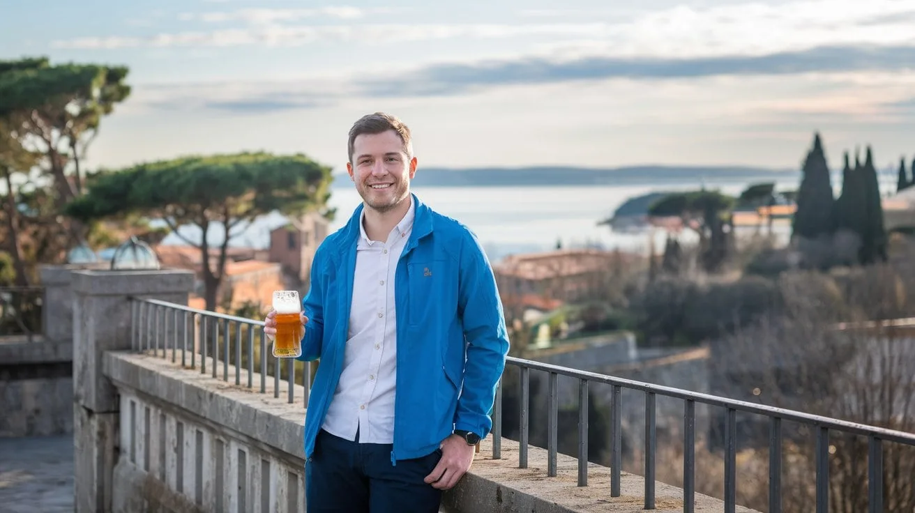 Solo male traveller enjoying a beer at a scenic spot in Europe
