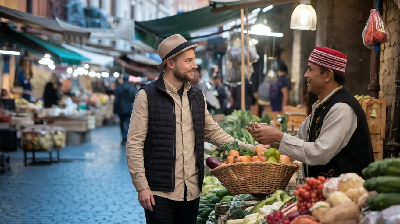 Solo male traveller in a traditional European market