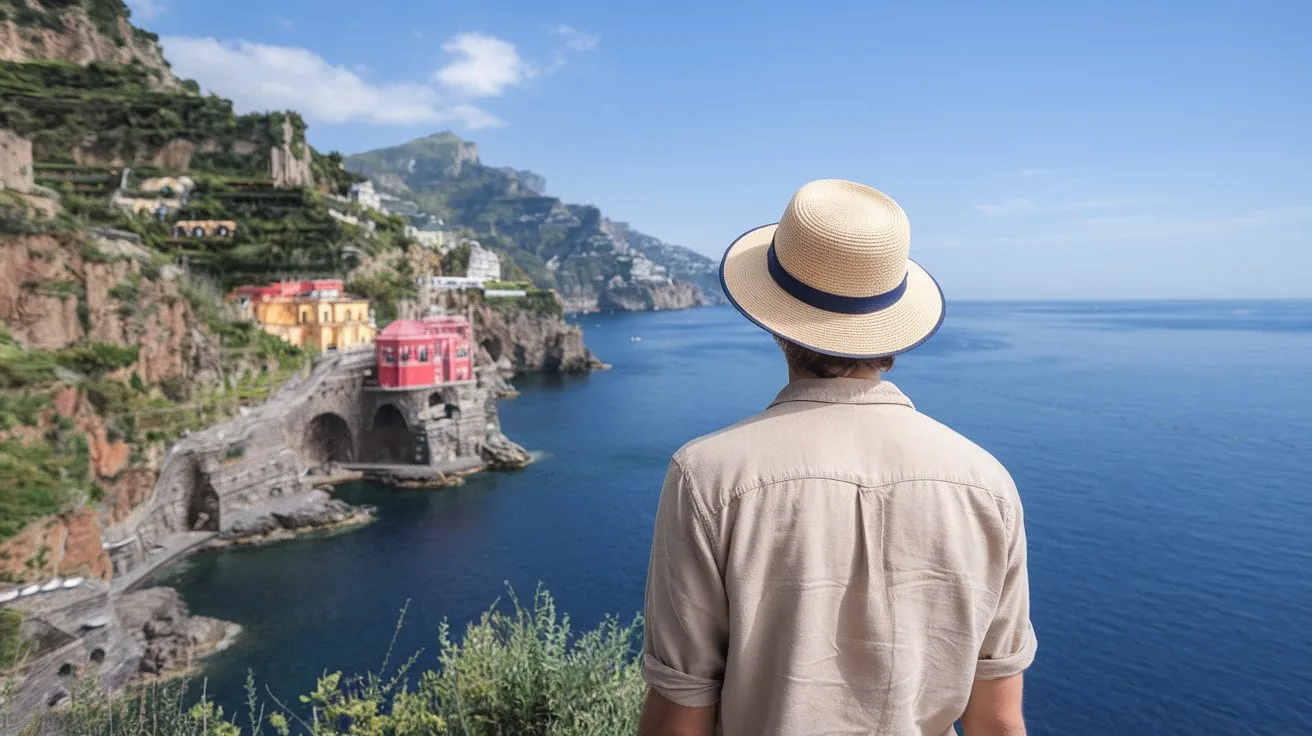 Solo male traveller standing overlooking Amalfi Coast