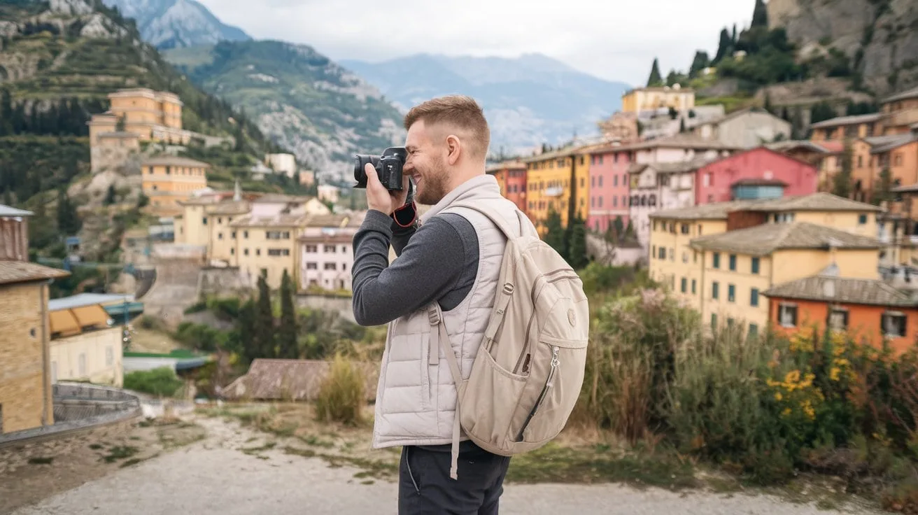 Solo male traveller taking a photo of a European town