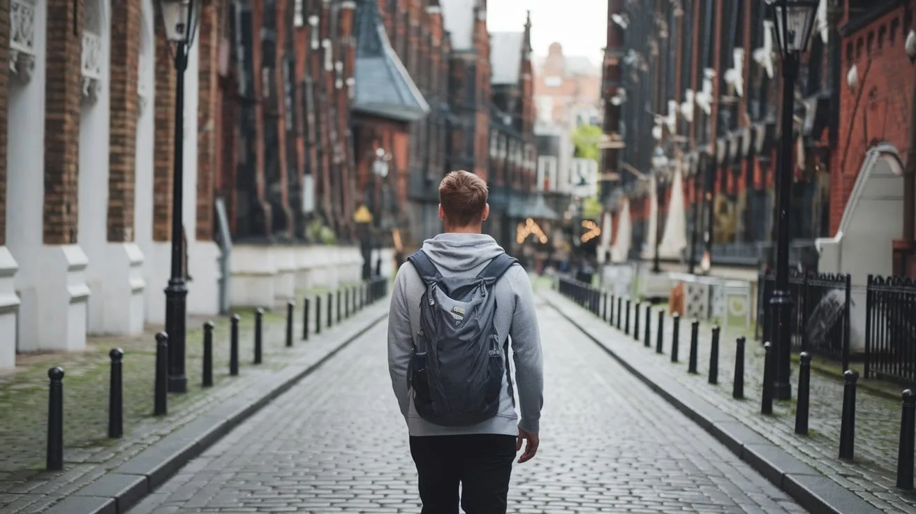 Solo male traveller walking along cobblestone road in Europe