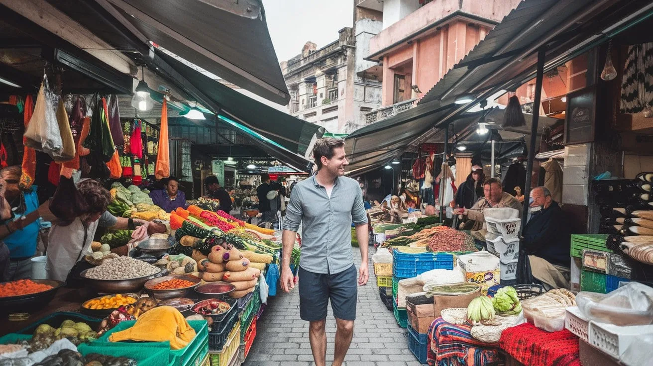 Solo male traveller walking through a market