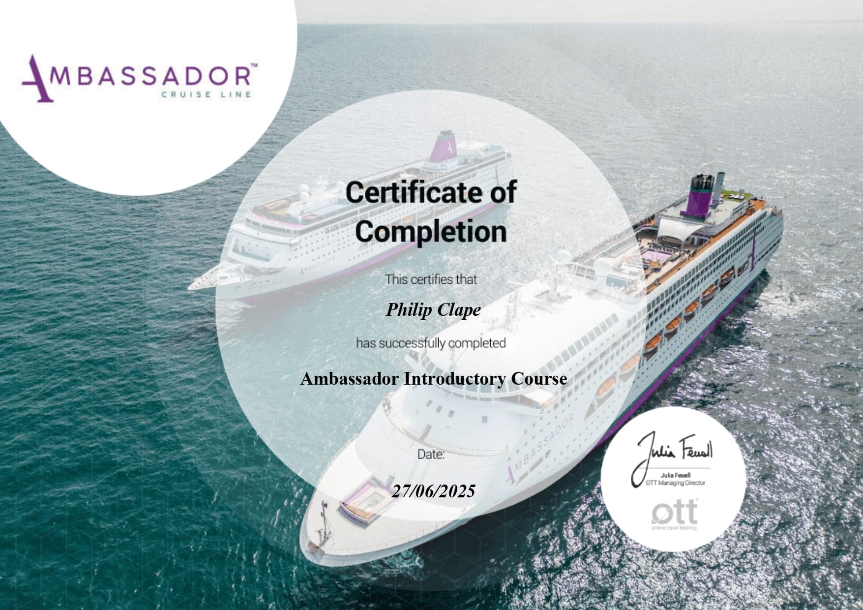 Ambassador - Certificate of Completion - Introductory Course - Philip Clape
