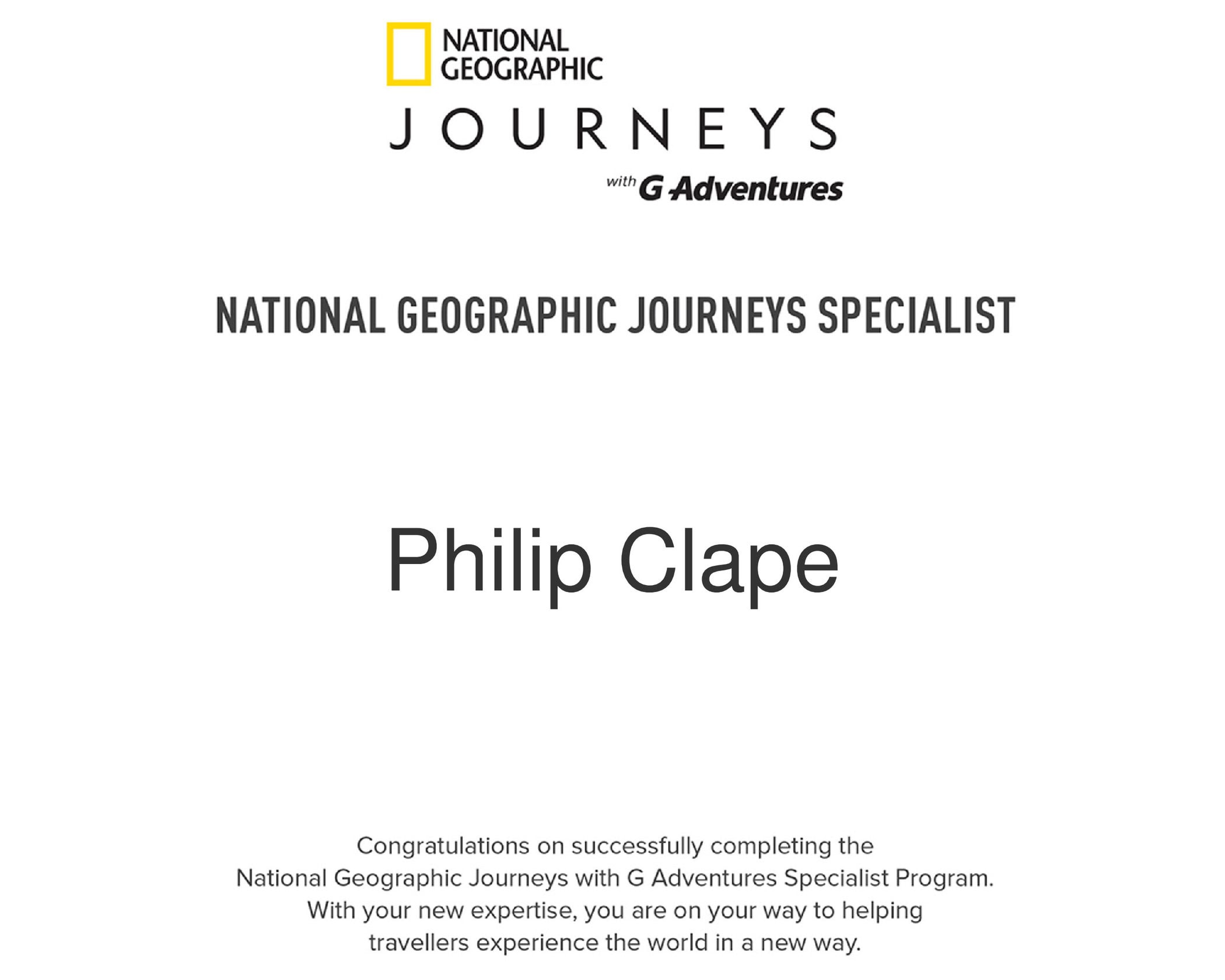 G Adventures - National Geographic Journeys Specialist Certificate - Philip Clape