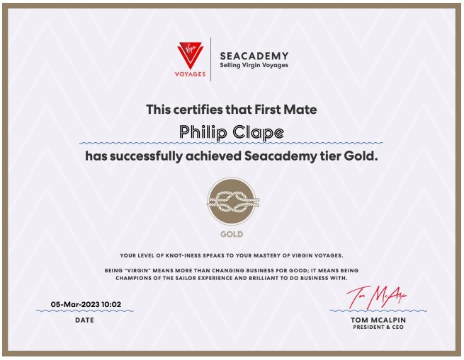 Seacademy Gold Level Certificate - Philip Clape
