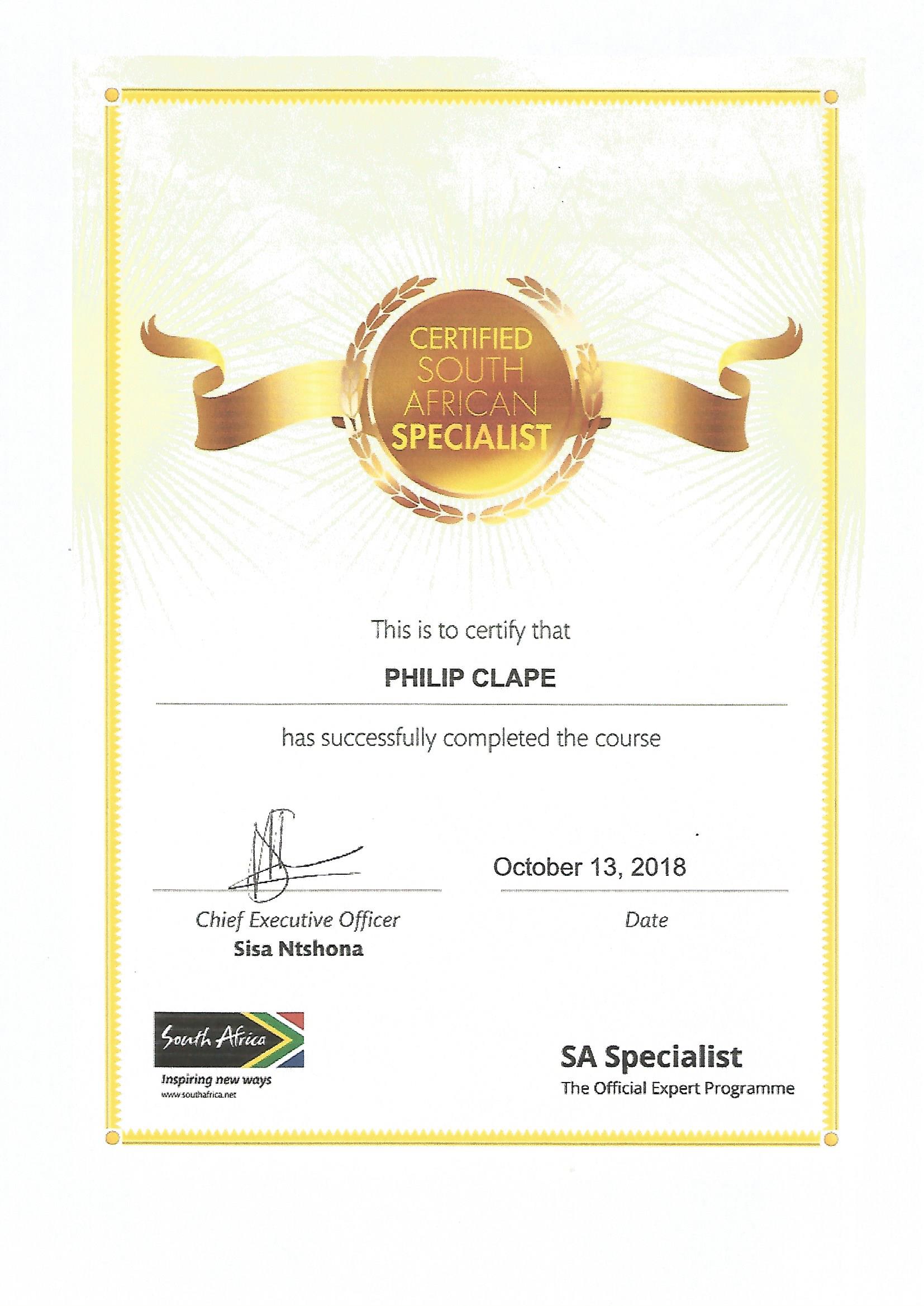 South Africa Specialist Certificate - Philip Clape